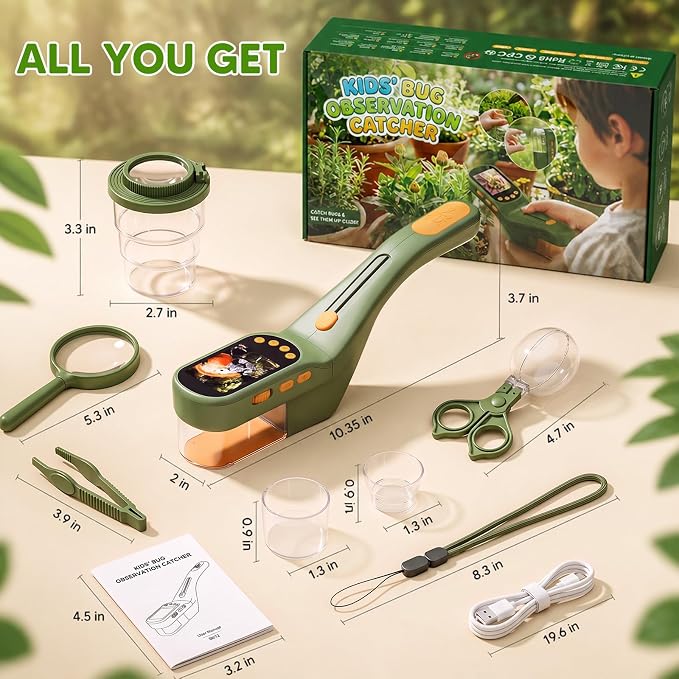 Bug Catcher for Kids with Kids Microscope, 500X Zoom Camera Toy | 9-in-1Handheld Bug Catcher Kit with 2.4" IPS Screen, Photo Video Recording, Led Lights for Outdoor Exploration STEM Toy