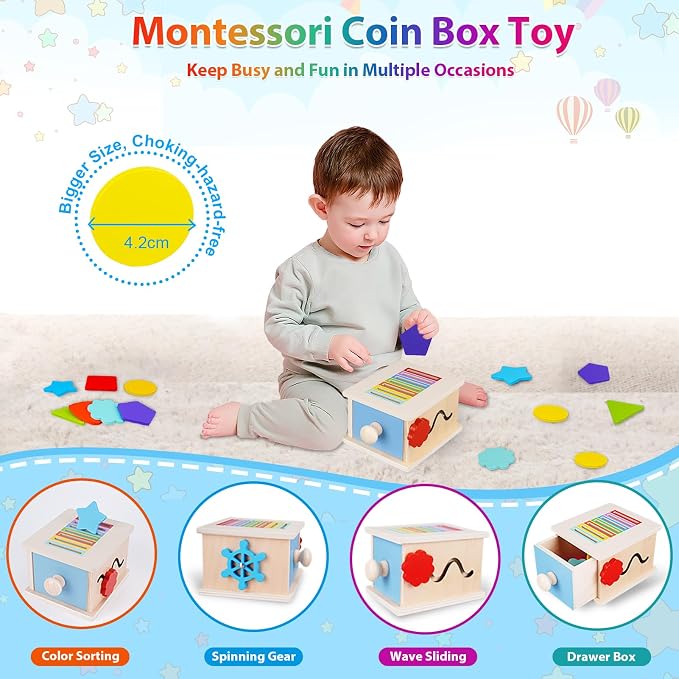 FCSONU Montessori Sorting Box Toys for Toddlers 1-3, Fine Motor Skills Toys | 3in1 Learning Color Sorting Toys Sensory Toys, Shape Sorter | Coin Box Toy, Easter Christmas Birthday Gifts for Boys Girls