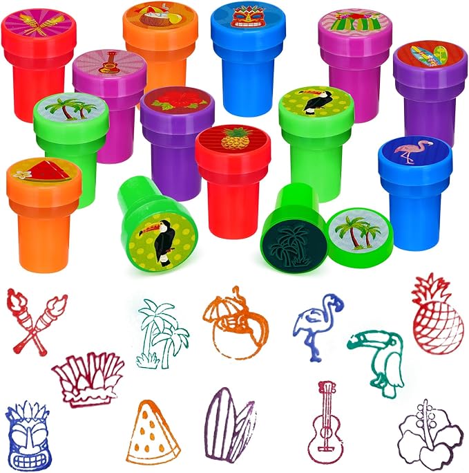 Cinrobiye 24 Pcs Hawaiian Luau Stampers for Kids, Tropical Party Favor Set, Hawaii Theme Stampers with Palm Tree Hibiscus Surf Designs, Luau Birthday Party Supplies, Classroom Rewards, Goody Bags