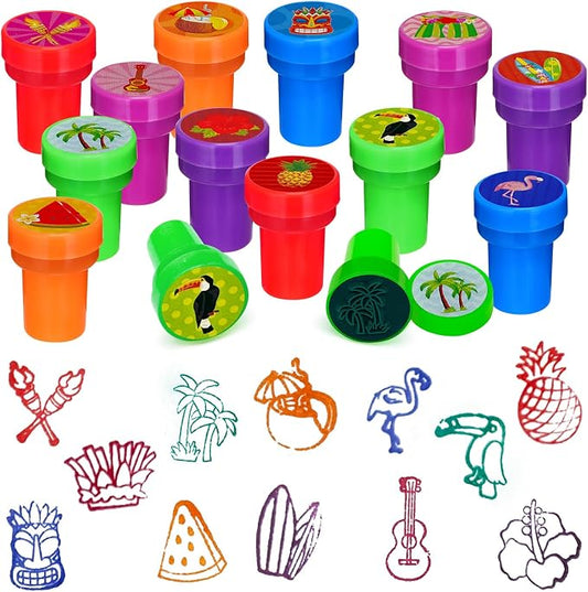 Cinrobiye 24 Pcs Hawaiian Luau Stampers for Kids, Tropical Party Favor Set, Hawaii Theme Stampers with Palm Tree Hibiscus Surf Designs, Luau Birthday Party Supplies, Classroom Rewards, Goody Bags