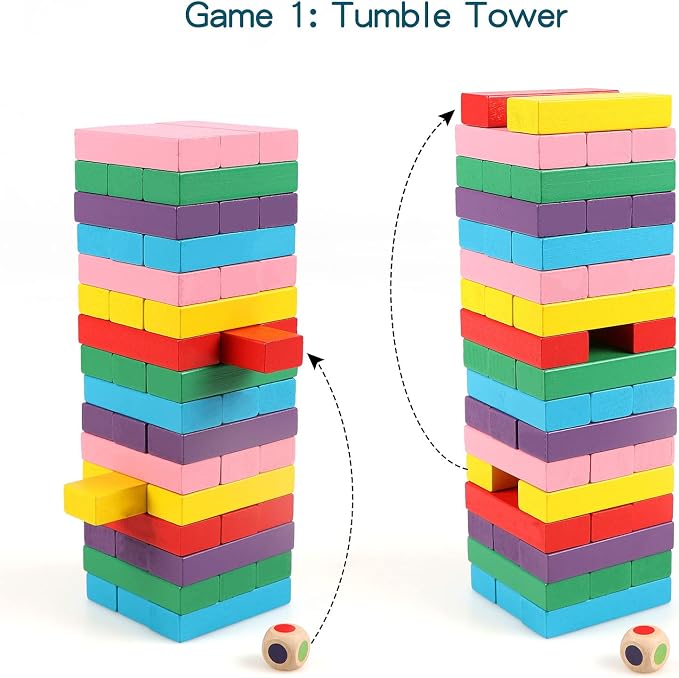 Wooden Blocks Stacking Games 48PCS Tumbling Tower for Kids Families | Tumbling Stacking Blocks Game for Kids and Families, Wood Colorful Balancing Blocks Montessori Toys for Kids with Storage Bag