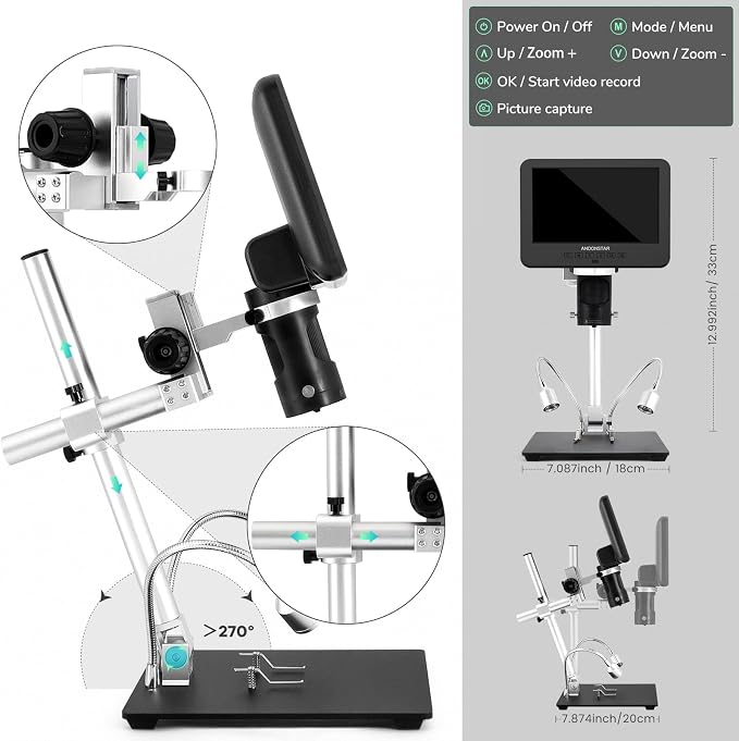 Andonstar AD246S-M 3 Lens 2160P HDMI Digital Microscope 2000x for Adults | 7 Inch LCD Soldering Microscope for Electronics Repair, Error Coins, Pro Boom Arm Stand, Windows Compatible