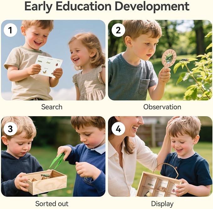 Wooden Scavenger Hunt for Kids Ages 4-8, 6-in-1 Explorer Kit, Bug Catching Kit with Scavenger Hunt Cards, Storage Box, Dice, Magnifying Glass, Indoor/Outdoor Games for Kids Ages 4+