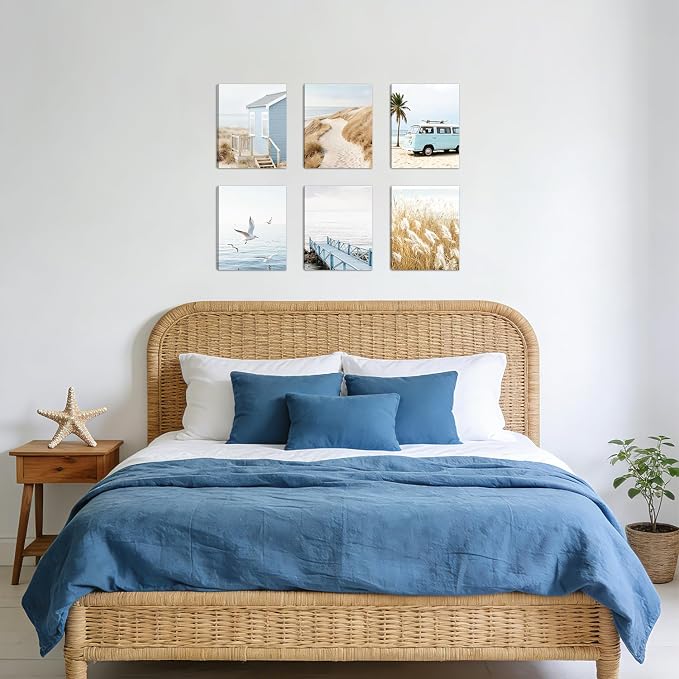 HOURIA 6Pcs Coastal Beach Canvas Wall Art(12”x16”), Summer Blue Ocean Sand Seascape Wall Decor,Vintage Cabin Camper Van Boardwalk Seagulls Art Print for Farmhouse Living Room Bedroom Office