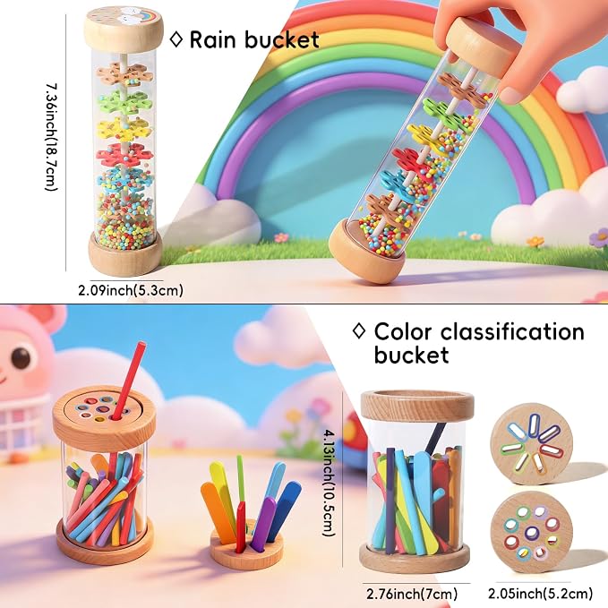 BESTAMTOY 5 in 1 Wooden Educational Learning Toy Set, Montessori Toys for 1 2 3 Year Old,Baby Rain Stick Sensory Fine Motor Skills Toys, Shape Sorter Stacking Puzzle Gifts for Toddlers Boys Girls