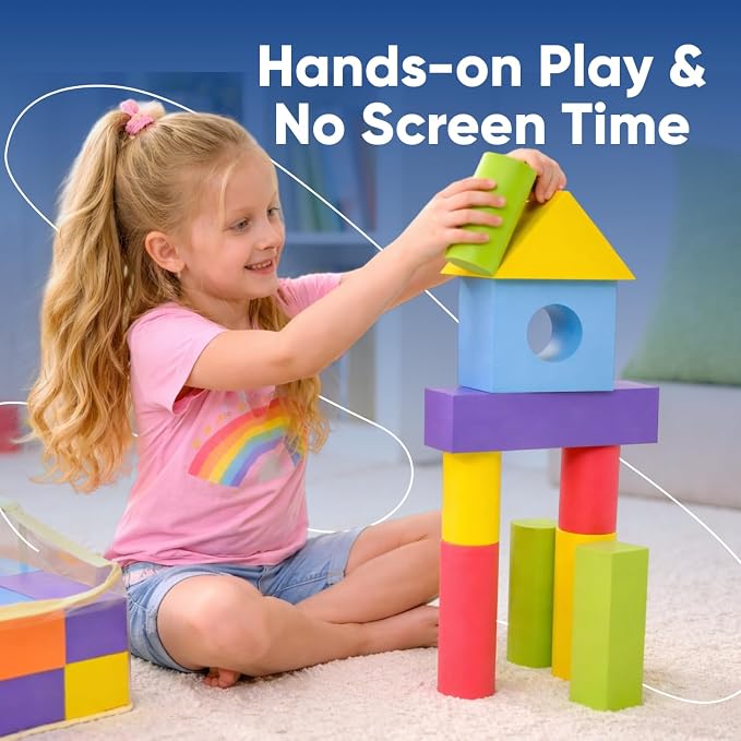 34 Large Foam Blocks for Toddlers - Stacking Soft Blocks for Kids Set | Giant EVA foam building blocks for kids - 34 soft colorful shapes to stack, with storage bag for daycare, preschool, or home