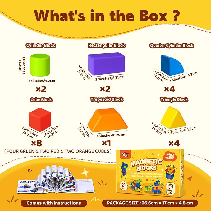 Pairez Toys Large Magnetic Building Blocks, 3D Shapes for Kids 3+ | 21 PCS Blocks, 6 Colors & 6 Shapes, Creative Open-Ended Play, Educational Learning Magnet Toy, Holiday Gift for Boys & Girls