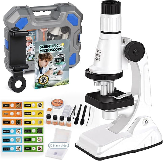 Kids Microscope Kit with Blank and Prepared Slides | 61 PCS Science Kit 100X-1200X with LED Light,Phone Holder, Carrying Box, STEM Project Toy, Educational Gift for Ages 6-12