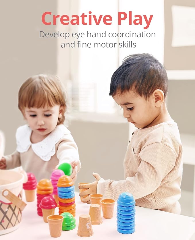 JoyCat Ice Cream Preschool Learning Activities Counting and Color Sorting Set Stacking Toys for Kids 3-5, Educational Fine Motor Skills Toys, 65PCS Math Manipulatives | Stack scoops, match colors and serve pretend ice cream while practicing counting an...