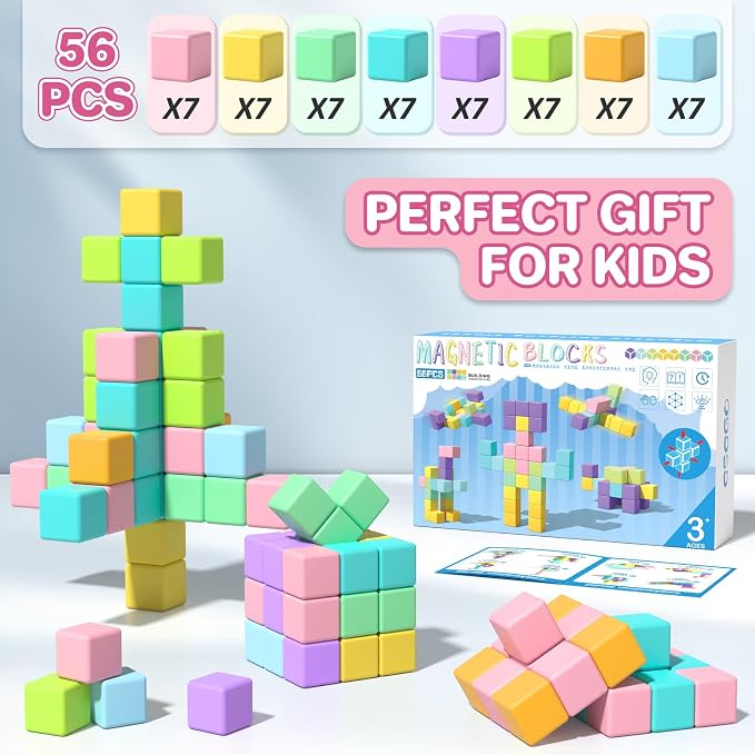 Magnetic Blocks for Toddlers 3+, 56PCS 1.34in Large Macaron Magnet Building Cubes for Kids, Stem Preschool Stack Construction Educational Toys for 3-5 Years Old Boys Girls