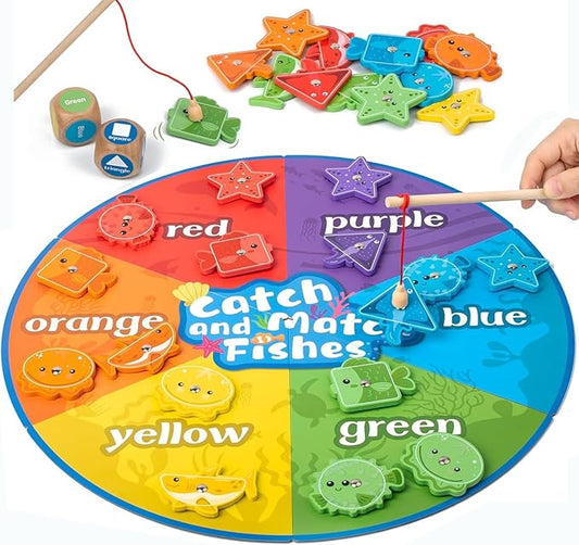 Montessori Toys for 3+,Wooden Magnetic Fishing Game Educational Shape & Color Sorting for Kid 3-5,Boy Girl Preschool Learning Motor Skill Matching Activity Toy for Age 3+ (Foldable mat)