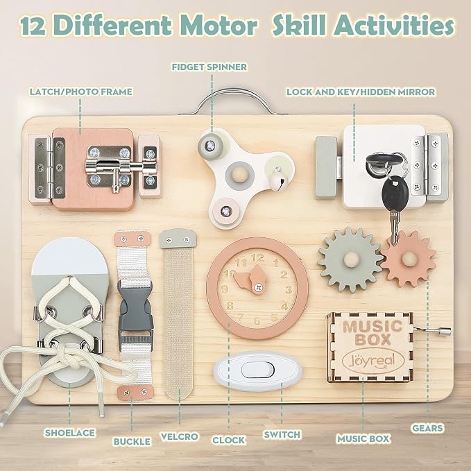 Joyreal Wooden Busy Board for Toddlers, Montessori Toys for 1 2 3 Year Old, Sensory Activity Board with Music Box & 12 Motor Skill Activities, Educational Travel Toys Gift for Boys Girls