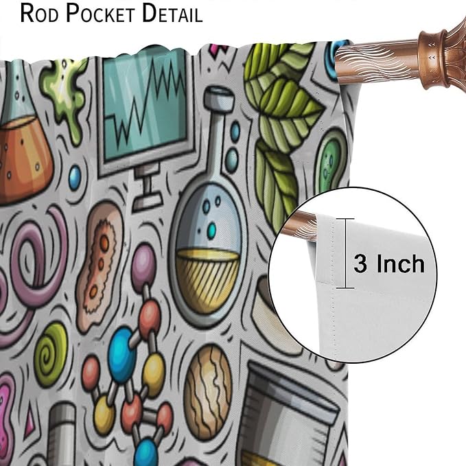 Science Symbols Kids Curtain Sketches Cartoon Chemistry Physics Geometry Education Pattern Print Window Drapes for Bedroom Living Room Kitchen Decor,2 Panel Set,55x63 Inch Blackout