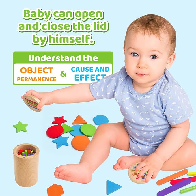 Montessori Wooden Toddler Toys， 3-in-1 Fine Motor Skills Learning Set ，Educational Color Sorting Sensory Toys for 3+ Year ， Teaches Object Permanence & Cause-Effect ，Gifts for Boys & Girls