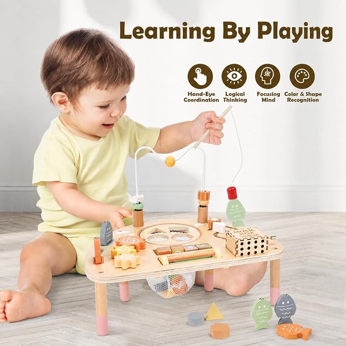 Vanplay 8 in 1 Wooden Activity Table, Montessori Toys for 2 Year Old Gift | Learning Activities with Bead Maze/Music Box/ Fishing Game, Fine Motor Skills, Christmas Birthday Gifts for Girl Boy