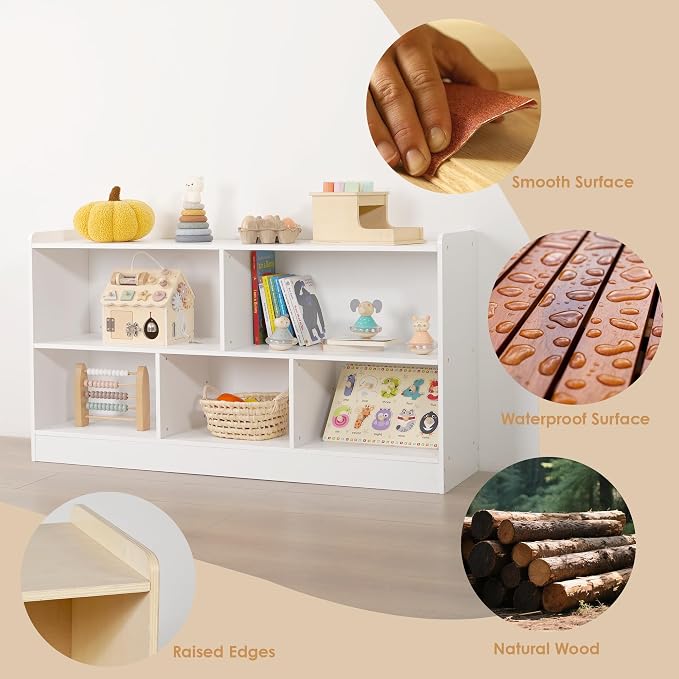 White Montessori Toy Shelf for Kids, 5-Section Storage Organizer | Open Shelving with Customizable 5-Section Layout for Kids Room, Playroom, Classroom, Books, and Toys