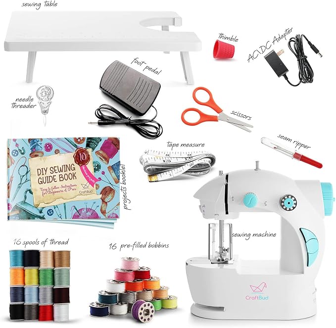 CraftBud Mini Sewing Machine for Beginners, Adults and Kids Sewing Machine | 48-Piece Sewing Kit Accessories, Portable, Dual Speed, Extension Table, Foot Pedal, Built-in Light, Guide Book & More, White