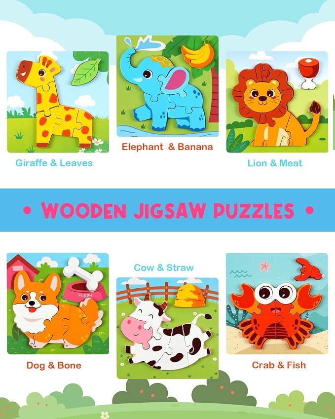 Wooden Puzzles for Toddlers 1-3, 6pcs Animal Jigsaw Puzzles for Toddlers, Montessori Educational Learning Toys for Kids Ages 1-4,Gifts for Boys Girls