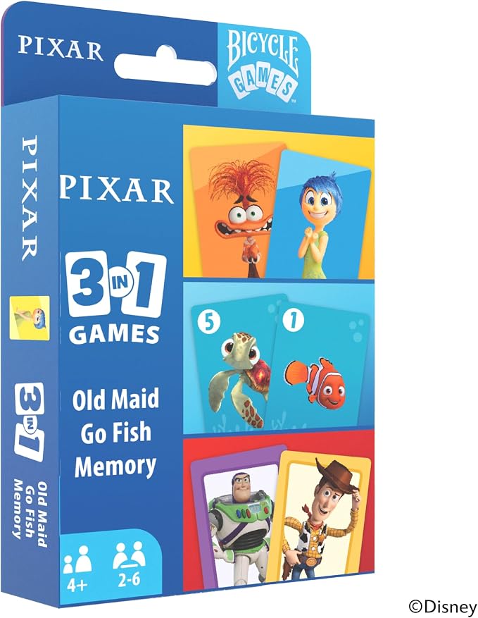 Bicycle Disney Pixar 3-in-1 Card Games Old Maid Go Fish Memory Kids Ages 4 | 3 games in 1 set Old Maid Go Fish and Memory, Toy Story Finding Nemo and Inside Out characters, Ages 4 and up