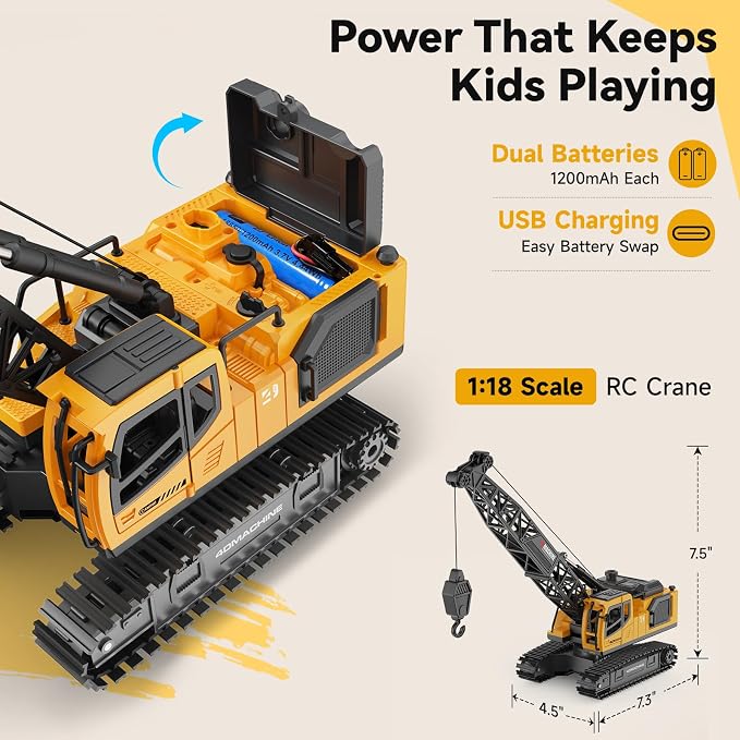 Remote Control Crane Toy for Boys, 2.4GHz RC Crawler Crane with Metal Hook & 2x1200mAh Batteries, 1:18 12-Ch RC Construction Vehicle with Lights, Sound,Spray, Birthday Gift for Kids Ages 3-12
