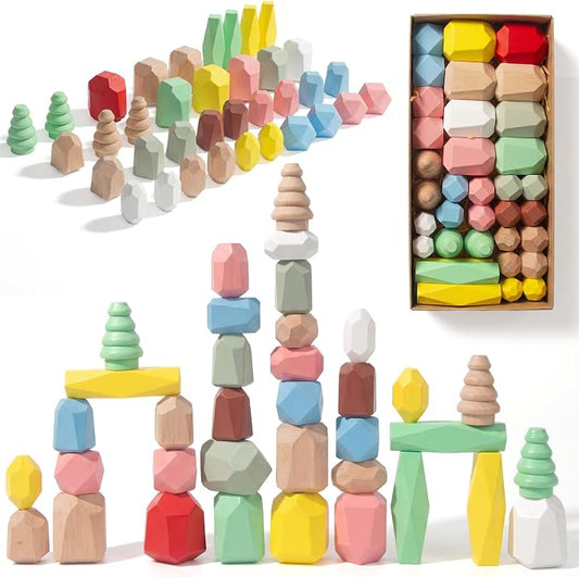 WOODENFUN Wooden Stacking Rocks Stones Building Blocks Sensory Toddler Toys | 36Pcs Montessori Toy Preschool Learning Activities Balancing Stacking Game, Birthday Gifts for Kids 3-5 Year Old