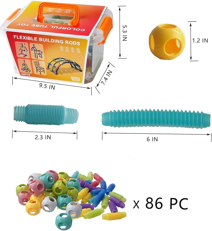 86PCS Flexible Building Rods for Kids Ages 3+, STEM Construction Toy with Bendable Rods & Connectors, Creative Building Set with Storage Box, Educational Toy for Boys & Girls