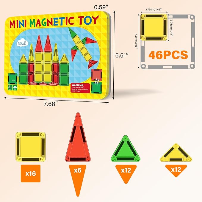 46PCS Mini Magnetic Tiles, Magnetic Tiles Travel Set with Case, STEM Educational Building Set Construction Toys for Kids Ages 3+, Portable Building Toys for Toddlers, Boys & Girls Birthday Gift