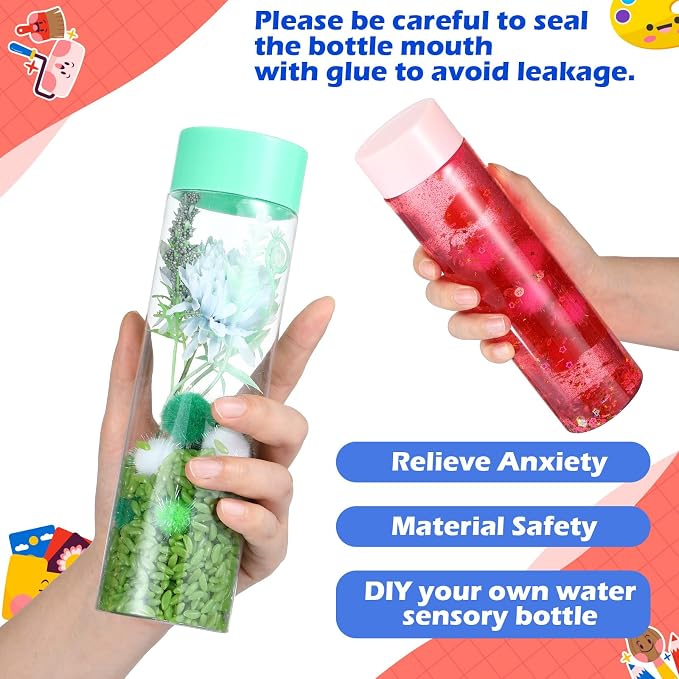 Baderke 10 Set Sensory Bottles Kits Valentine's Day Party Supplies Empty Plastic Bottles Funnel Rice Stars Sequins Clay Slices Stickers Glitter Powder Colored Foam Balls for DIY Art Fun Crafts