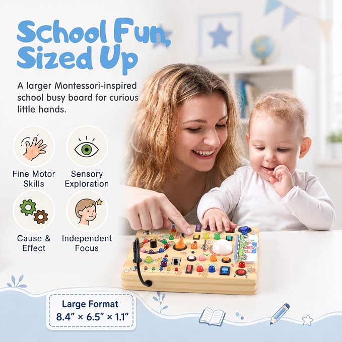 Busy Board with LED Light Switches, Montessori Toys for 1 2 3 Years Old, Toddlers Wooden Toy Sensory Activity Board, Travel Toys for 1+ Year Old Boy & Girl Birthday Gift (School 19 Switches)