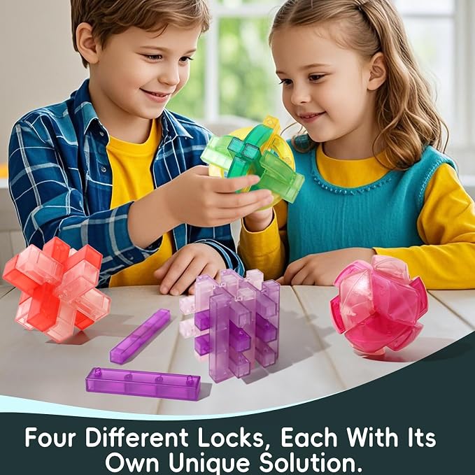 4 PCS Colorful Translucent ABS Luban Lock Set, Premium Brain Teaser Puzzles for Kids Teens Adults, Interlocking Disentanglement Mind Puzzles, Montessori STEM Educational Toys, Mini Game for Travel