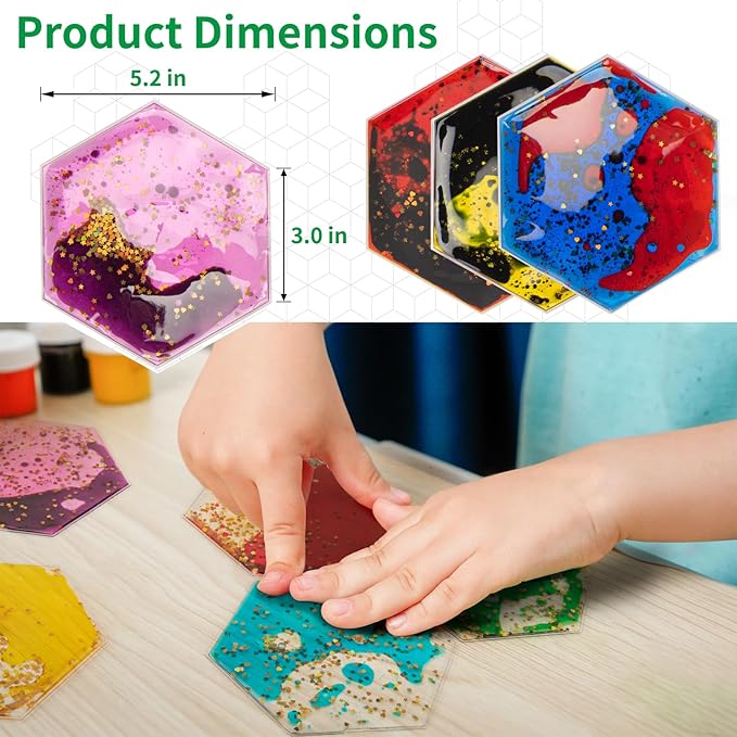 LONGKING 8-Pack Hexagon Liquid Tiles for Kids, Soft Gel Liquid Sensory Toys for Autistic Children, Sensory Mats, Sensory Toys for Toddlers 3-4 | Sensory floor tiles, soft liquid gel, color movement play mat, playroom classroom daycare, 8-pack