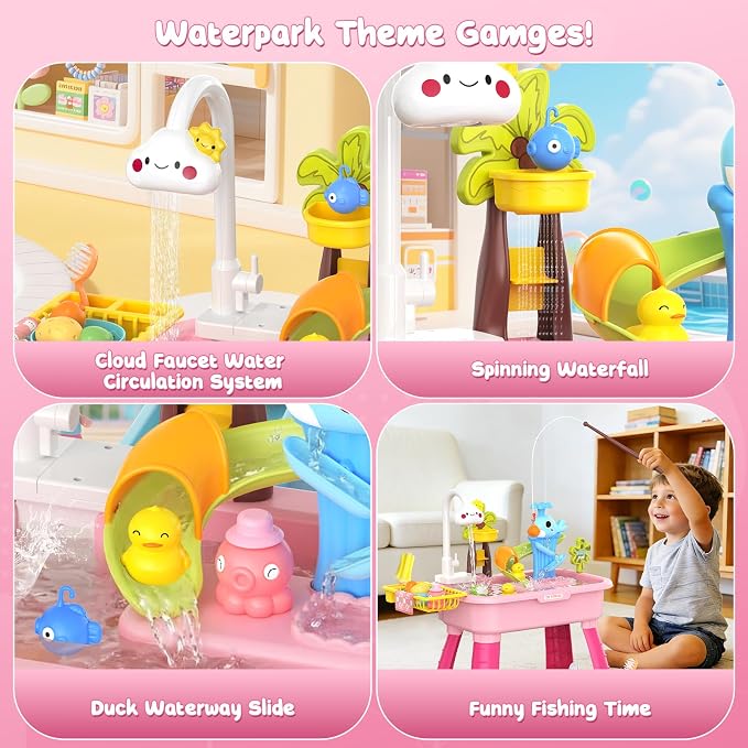 2026 Upgraded Water Table for Toddlers 1-3 - Outdoor Toys for Kids Ages 4-8 with Pump, Summer Outside Sensory Activity Pool Toys, Kitchen Play Sink Toy with Running Water, Fishing Toy, Pink