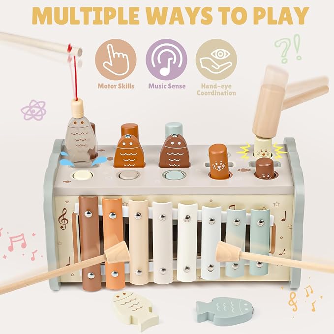 Joyreal Wooden Montessori Toys for 1 Year Old Hammering Pounding Toys | Xylophone, Fishing Game, Gears, Educational Toddler Activities, Christmas Birthday Gifts for 1 2 3 Year Old, Neutral Color