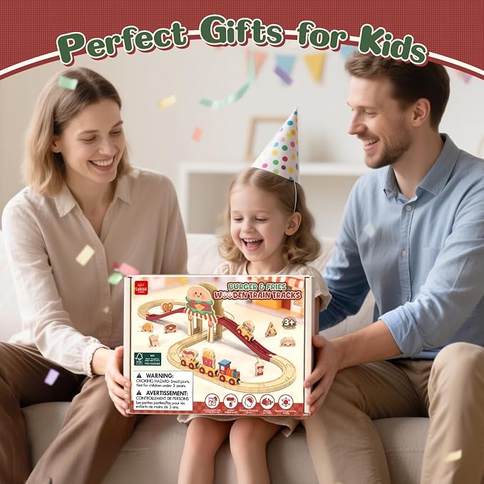 Lehoo Castle Wooden Train Set for Toddlers, Burger-Themed Train Track Set | Expandable Wooden Railway Playset, Compatible with Most Wooden Tracks, Birthday Gift for Boys & Girls Ages 3+