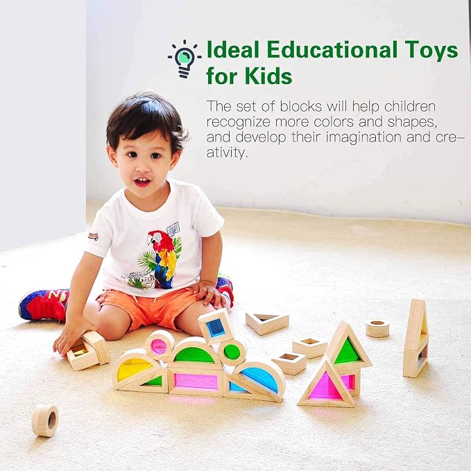 Wooden Building Blocks Set with Color Windows, 24-Piece Toddler Toy | Translucent color windows support stacking, light play, shape sorting, and Montessori-style learning.