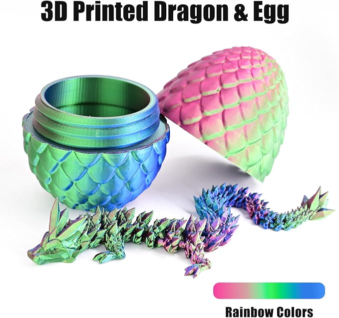 12" 3D Printed Dragon Eggs with Dragon, Articulated 3D Fidget Toys for Kids | Crystal 3D Dragon Toys for Boys Girls, 3d Printed Animals, Dino Dinosaur Eggs Toys, Easter Basket Stuffers（Red Green Blue）