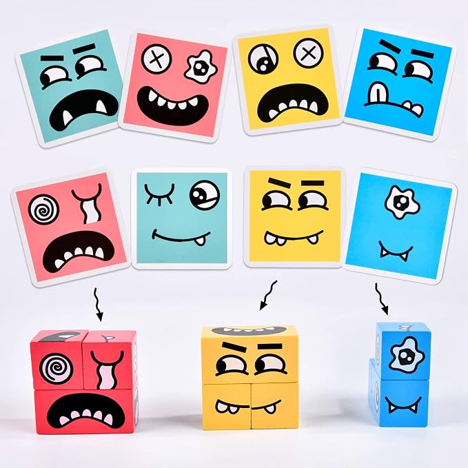 Wooden Face Changing Magic Cube Building Blocks Game Matching Expression Puzzle Toy Board Games for Family Night, Match Puzzles Geometric Educational Toys for Kids and Adults