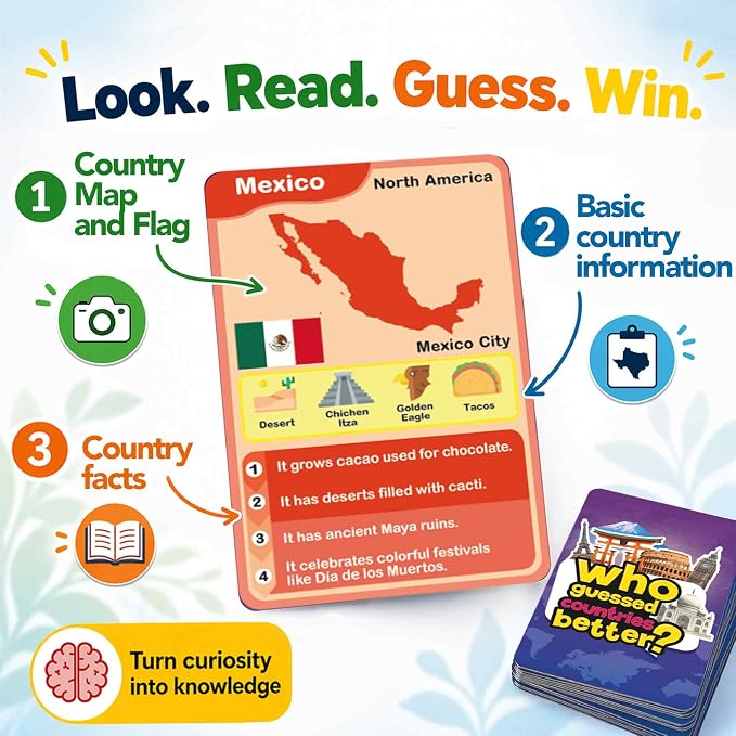 Quokka Who Guess It Better Countries – Educational Game with Visual Clues, Geography Learning Card Set, 50 Cards, Screen-Free Travel Game for Kids Ages 6+