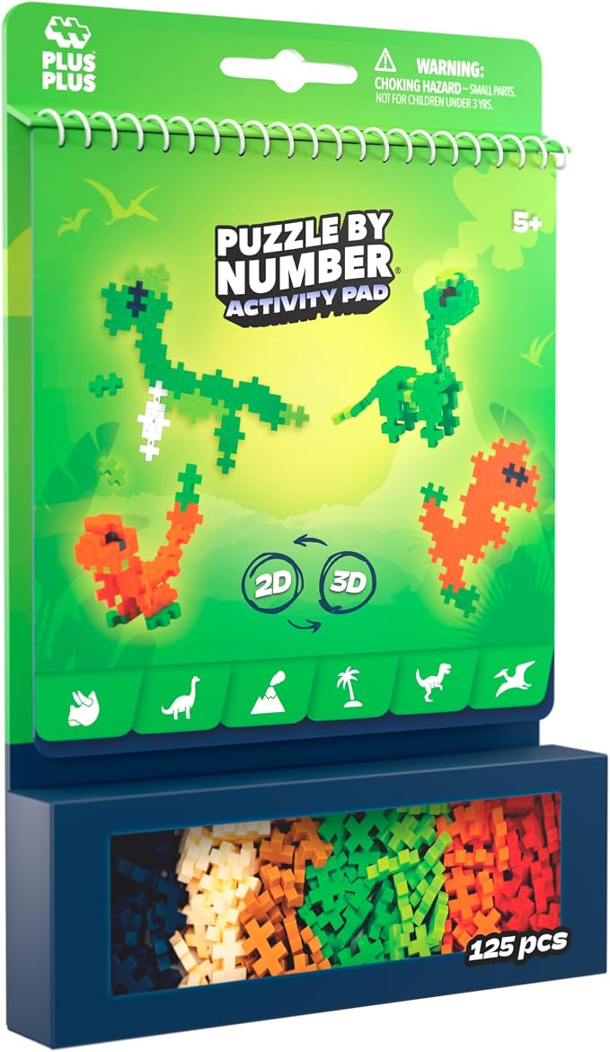 PLUS PLUS Puzzle By Number Activity Pad, Dinosaurs | Airplane Activities & Roadtrip Essentials for Kids, Interlocking Mini Building Blocks, 2D 3D Puzzle Stem Toy