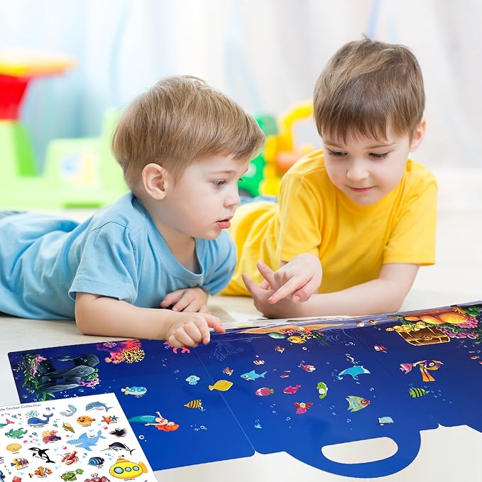 ASTARON Reusable Puffy Sticker Book，88 pcs Ocean Stickers Educational Toy | 88 pcs Reusable Sticker,Waterproof Jelly Stickers, Portable Travel Toys,Educational Sensory Learning Toy,Gift for Boy Girl