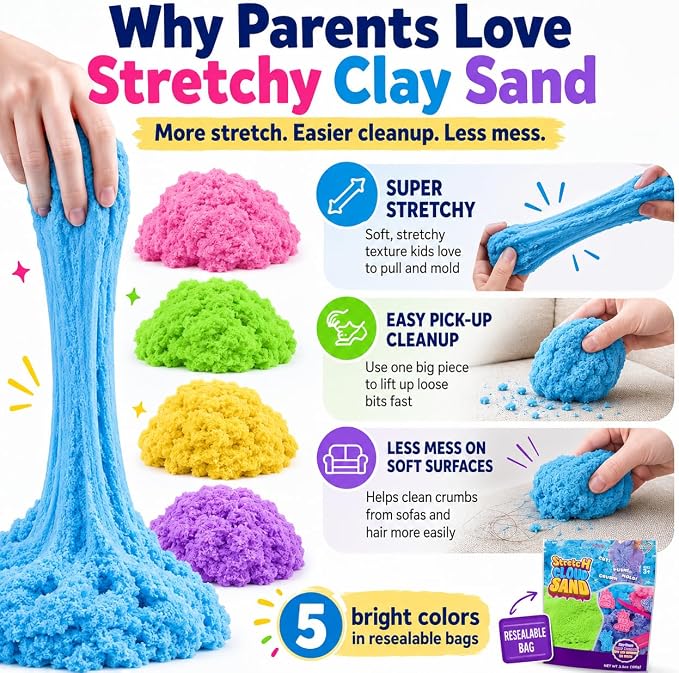Carolart Stretchy Sensory Sand, Soft Cloud Sand, Play Sand Refill for Kids | Soft Clay Texture Moldable Sand toys for kids, Mess-free sensory play set with 5 colors, sensory bin filler for kids ages 3+