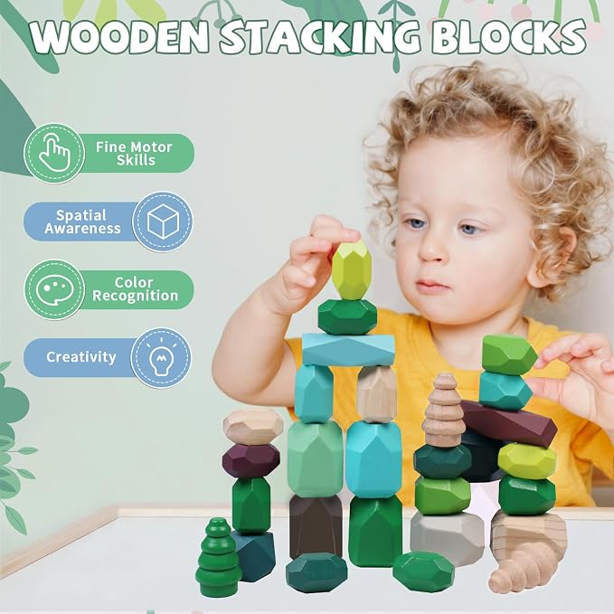 YHHYTOY 40Pcs Montessori Wooden Stacking Rocks Building Blocks Forest Theme | Preschool Sensory Learning Balancing Stacking Games Educational STEM Toys, Birthday Gifts for 3 4 5 Year Old Boys Girls Kids