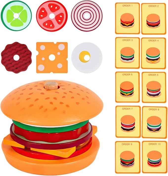 Wooden Burger Stacking Toys for Kids, Play Fake Food Toy, Montessori Toys for 3+ Year Old, Preschool Educational Toys to Develop Fine Motor Skills (Burger)
