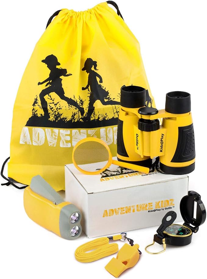 Adventure Kidz Yellow Outdoor Exploration Kit for Children | Binoculars, Flashlight, Compass, Fox Whistle & Magnifying Glass, Backpack Included