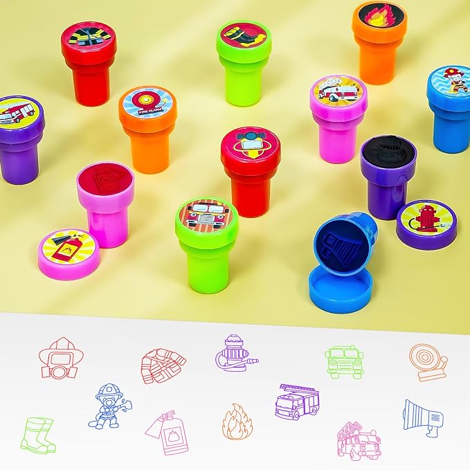 Cinrobiye 24 Pcs Fire Truck Stampers Party Favor Set, Cute Firefighter Truck Stamps for Kids Birthday Party, Classroom Rewards, Carnival Prizes, Goody Bag Fillers, Fire Safety Party Supplies
