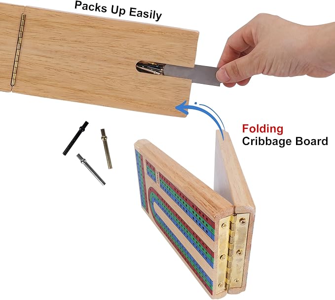 Offelec Upgraded Wooden Folding Cribbage Board Game Set - 3 Track Board with 2 Decks of Cards, 9 Metal Pegs & Storage | Portable Travel Cribbage for Kids, Adults and Family