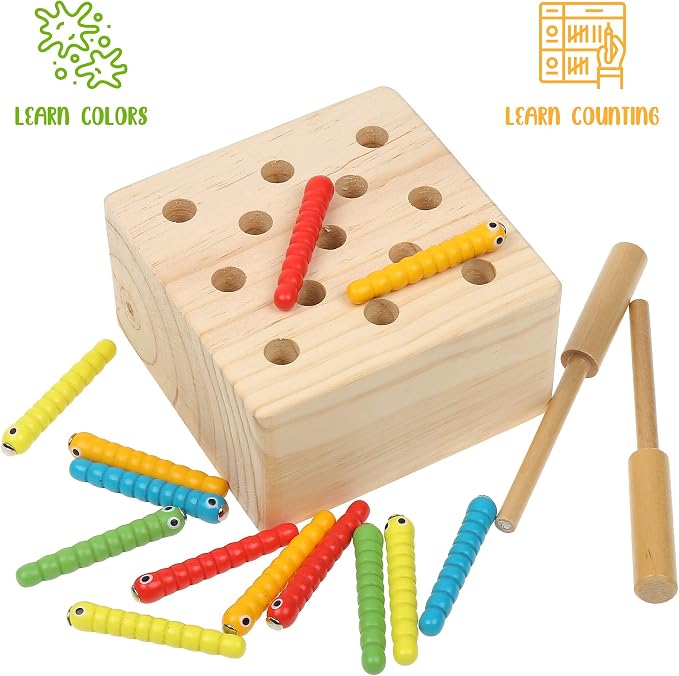 Boxiki kids Wooden Montessori Toys for Babies, Toddlers & Kids, Fine Motor Skills, Magnetic Worm Game for 3 Years Old