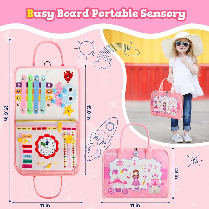 Montessori Busy Board & Busy Book with 20+ Learning Activities, Sensory Activity Toy for Fine Motor Skills, Educational Learning Toy for Airplane & Car Travel, Birthday Gift for Toddler Girls