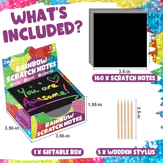ZMLM 165 Pcs Rainbow Scratch Paper Art Notes - Crafts for Kids Ages 4-8 | Mess Free Classroom Prizes,1st 2nd 3rd Grade School Activity Bulk, Back to School Gifts for Students from Teacher