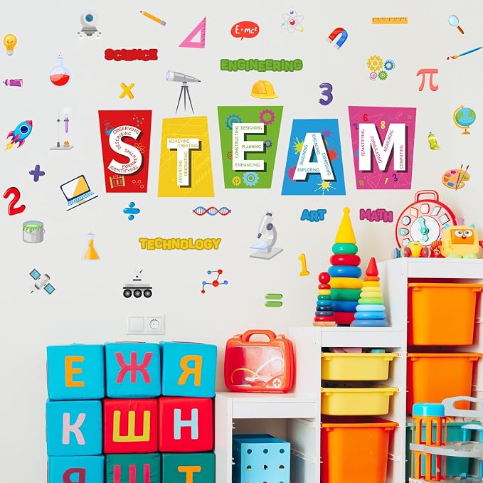 LHIUEM STEAM Educational Wall Stickers 35"×24" Science Tech Engineering Art Math Wall Decal Colorful Classroom Decor Removable Self Adhesive Learning Mural Renter Friendly for Kids Bedroom Playroom